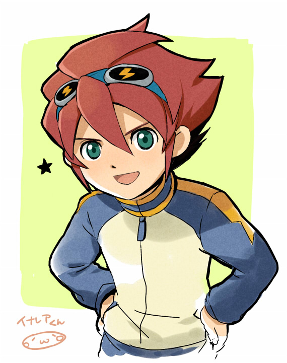1boy, character_name, goggles, goggles_on_head, green_eyes, inagaki_reia, inazuma_eleven_(series), inazuma_eleven_go, male, mizuhara_aki, open_mouth, raimon, redhead, solo, star, track_jacket