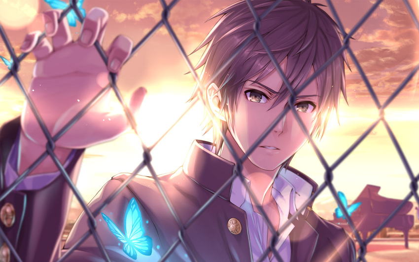 1boy, 1girl, 2d, blurry, brown_eyes, brown_hair, butterfly, chain-link_fence