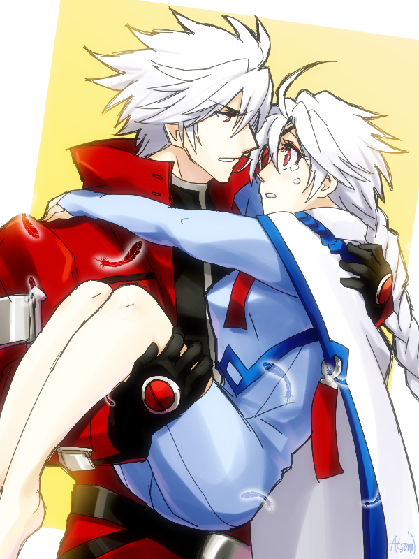 1boy, 1girl, ahoge, blazblue, bodysuit, braid, bridal_gauntlets, cape