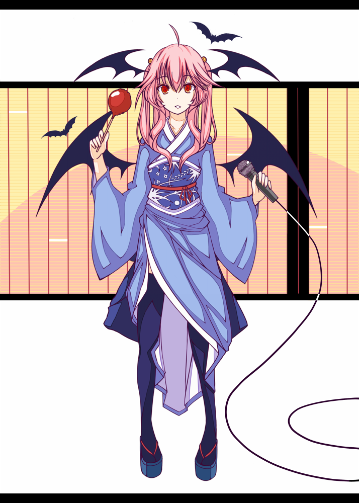 1girl, ahoge, akiposo2580, alternate_costume, bat, bat_wings, black_legwear, candy_apple, full_body, hair_bobbles, hair_ornament, head_wings, japanese_clothes, kimono, koakuma, letterboxed, long_sleeves, looking_at_viewer, low_wings, microphone, parted_lips, pigeon-toed, pink_hair, red_eyes, ringed_eyes, sandals, sash, simple_background, solo, thigh-highs, touhou, white_background, wide_sleeves, wings, zettai_ryouiki