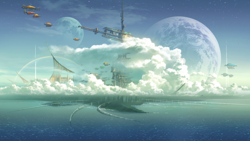 cityscape, clouds, earth, moon, no_humans, original, planets, rainbow