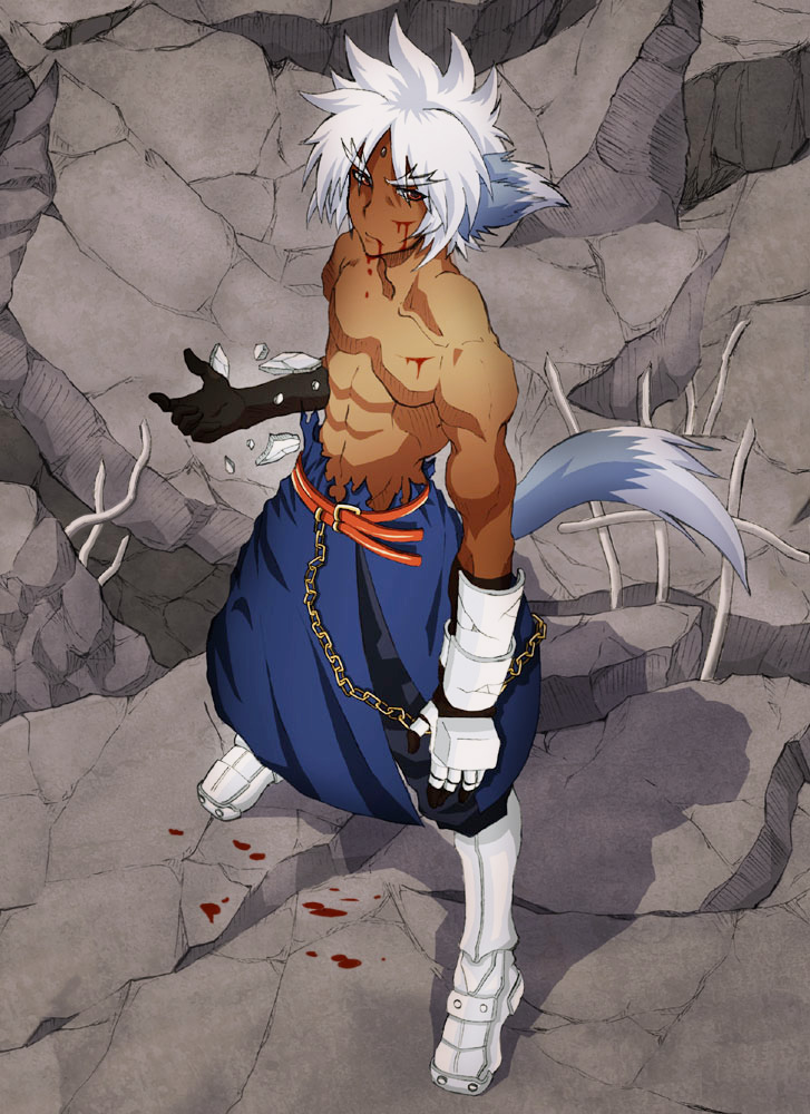 abs, animal_ears, armor, belt, blood, chair, dark_skin, eyebrows