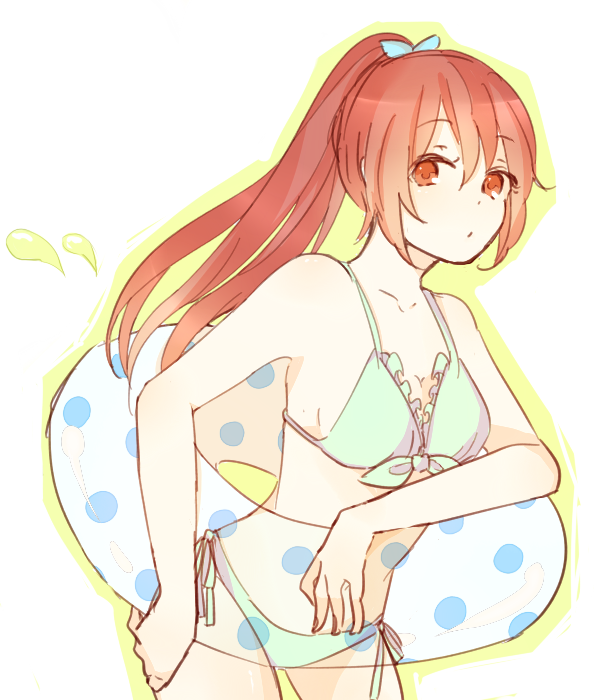 1girl, bikini, free!, innertube, long_hair, looking_at_viewer, matsuoka_gou, ponytail, red_eyes, redhead, simple_background, solo, swimming, swimsuit, ujikawa_(nabari), waterdrop