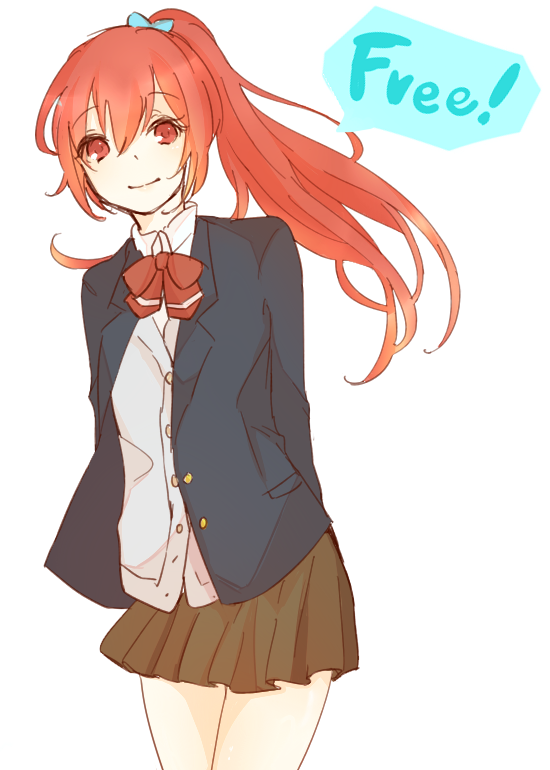 1girl, arms_behind_back, free!, long_hair, matsuoka_gou, ponytail, red_eyes, redhead