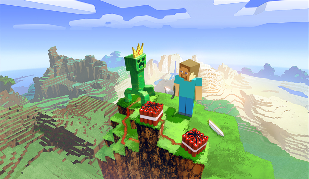 creeper, dynamite, grass, landscape, minecraft, mountain, scenery, steve?