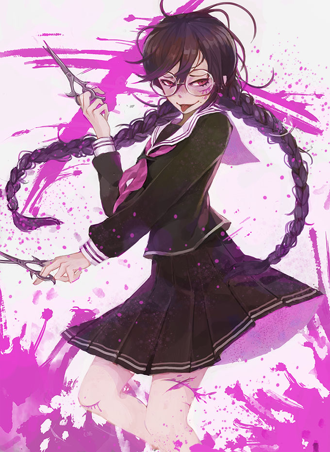 1girl, blood, blood_splatter, cuts, dangan_ronpa, eight_(aaapplemilk), fukawa_touko, genocider_syo, glasses, injury, school_uniform, scissors, solo, tongue, tongue_out, white_background
