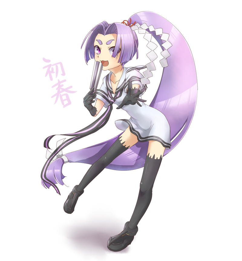 1girl, chihiri, fan, gloves, hair_ribbon, hatsuharu_(kantai_collection), kantai_collection, long_hair