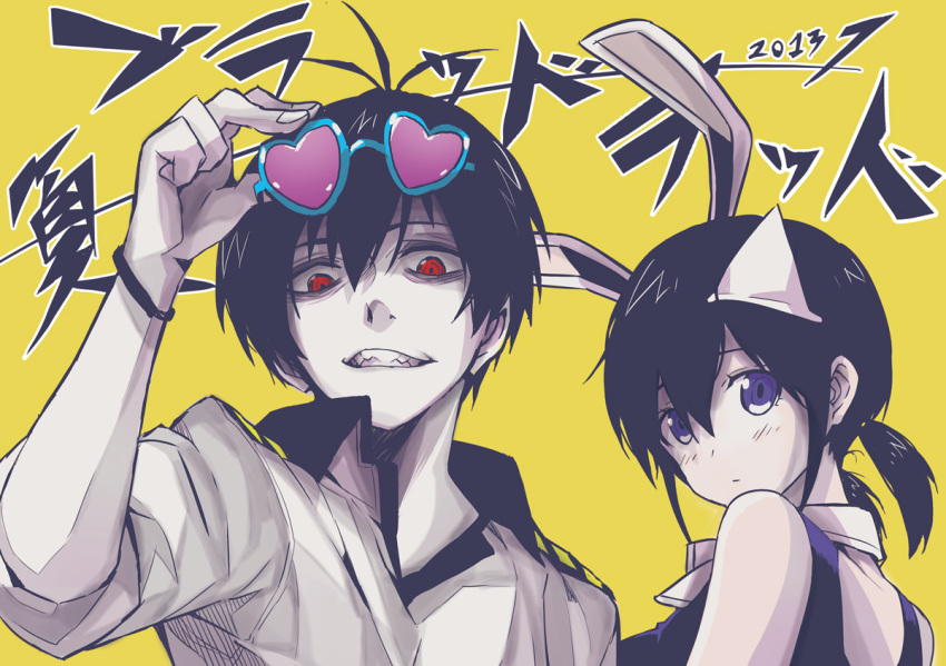 1boy, 1girl, adjusting_glasses, black_hair, blood_lad, blue_eyes, breasts, glasses