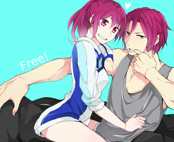 1boy, 1girl, brother_and_sister, finger_in_mouth, free!, grin, heart, long_hair