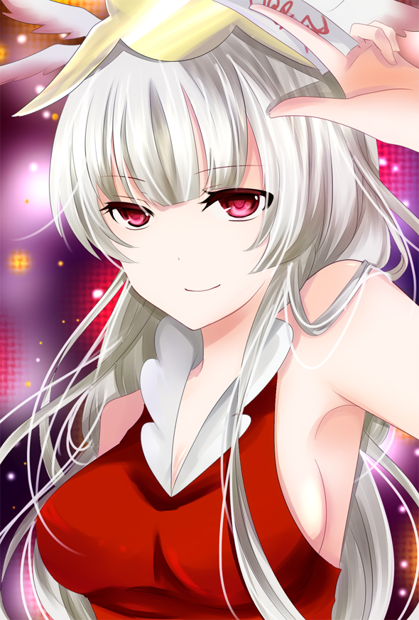 1girl, bare_shoulders, beatmania, beatmania_iidx, bemani, hair_ornament, houou_rinka, red_eyes