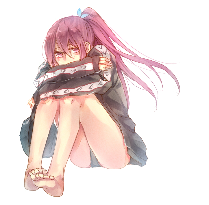 1girl, barefoot, feet, free!, jacket, kokoen, leg_hug, legs, long_hair, matsuoka_gou, ponytail, red_eyes, redhead, solo