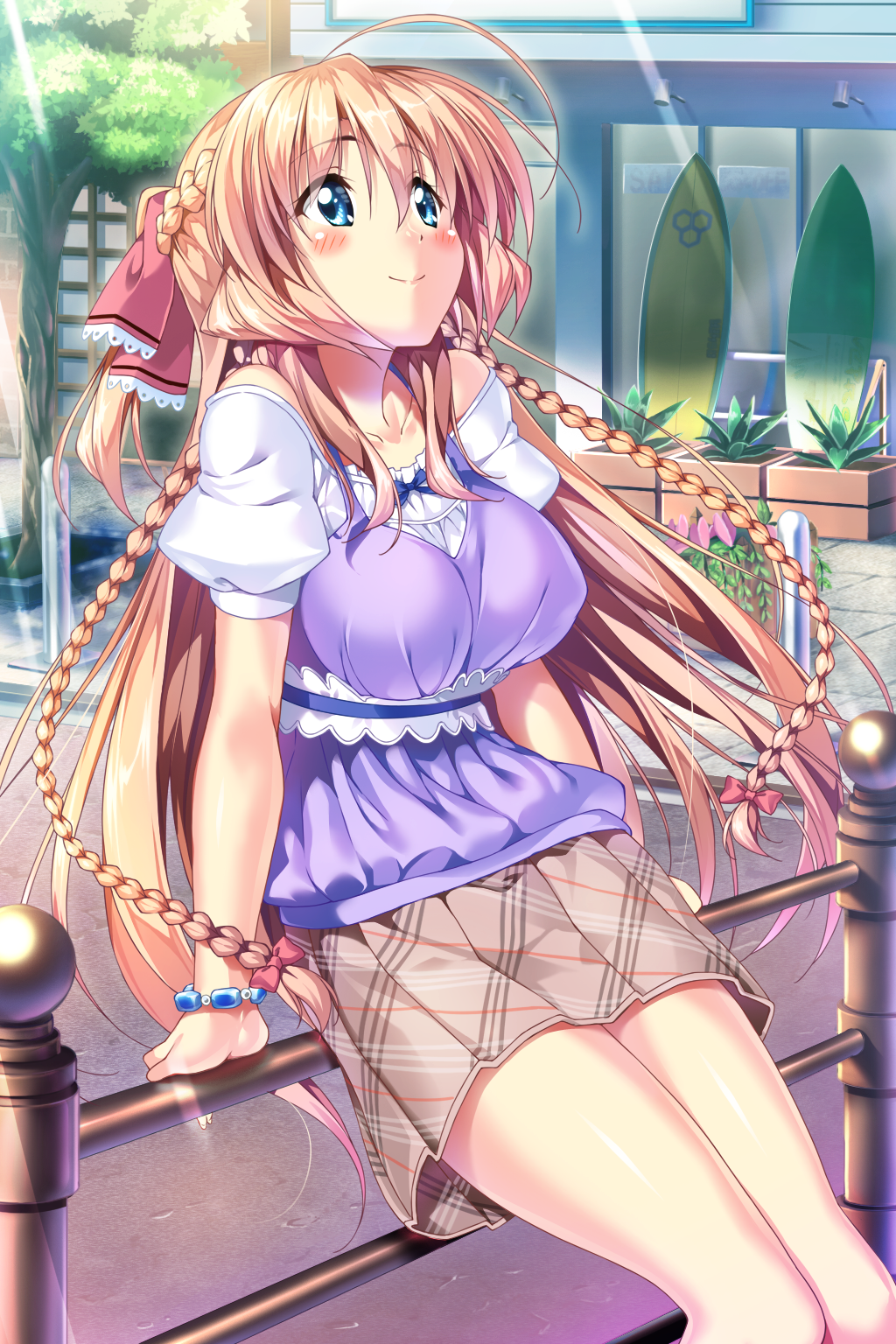 1girl, against_railing, ahoge, aozora_stripe, blue_eyes, blush, bracelet, braid