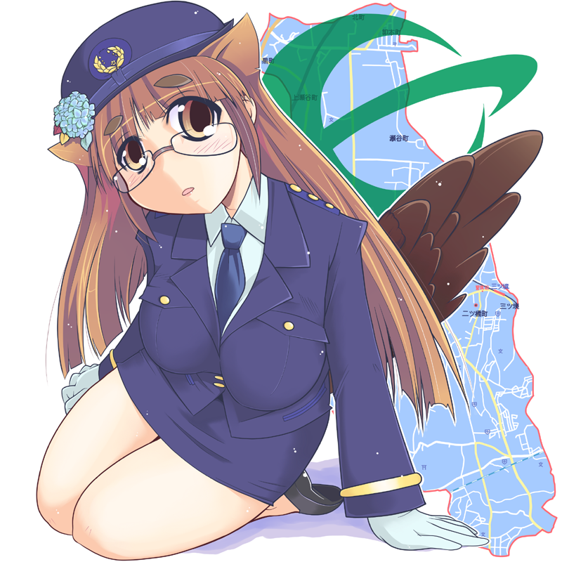 1girl, animal_ears, arm_support, between_breasts, brown_eyes, brown_hair, eyebrows, flower, glasses, gloves, hair_flower, hair_ornament, hat, hydrangea, ichiya_uni, long_hair, map, necktie, original, parted_lips, police, police_uniform, seiza, seyano_ajisai, sitting, solo, thick_eyebrows, uniform