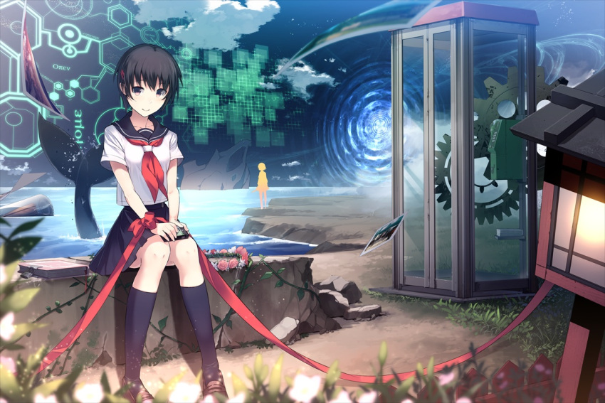2girls, black_legwear, book, brown_eyes, brown_hair, clouds, cyberspace, eho_(icbm), flower, gears, hair_ornament, hairclip, kneehighs, multiple_girls, neckerchief, ocean, original, phone_booth, red_ribbon, ribbon, school_uniform, serafuku, shirt, short_hair, silhouette, sitting, skirt, sky, smile, vines, wale