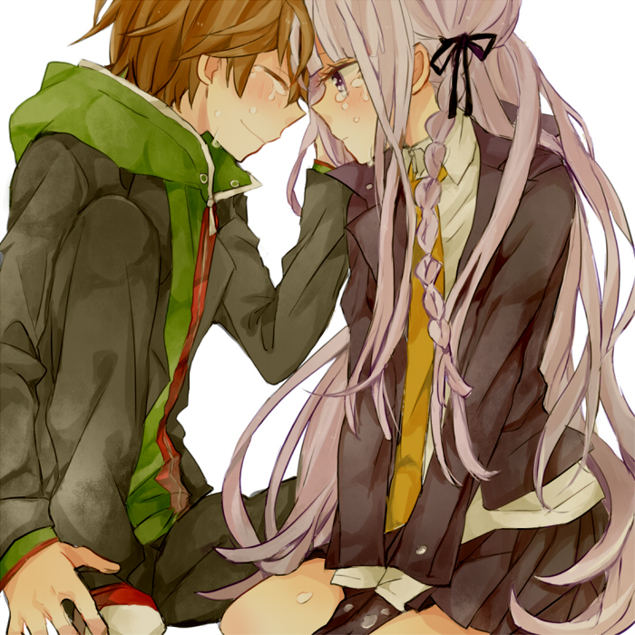 1girl, braid, brown_hair, closed_eyes, dangan_ronpa, gloves, hair_ribbon, hand_in_hair