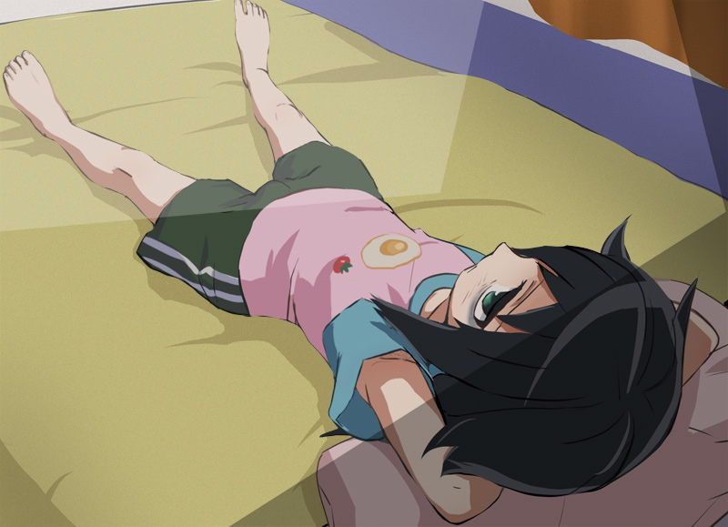 1girl, arms_behind_head, barefoot, bedroom, black_hair, feet, green_eyes, haruyama