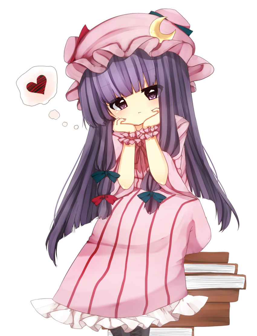 1girl, a-iueo, arm_support, book_stack, crescent, dress, hair_ribbon, hat