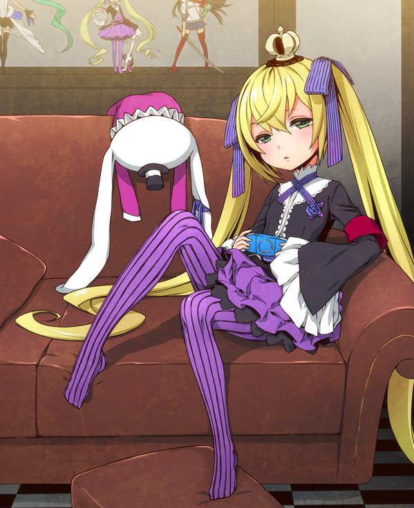 1girl, 7th_dragon, 7th_dragon_2020, blonde_hair, blush, couch, crown, frills