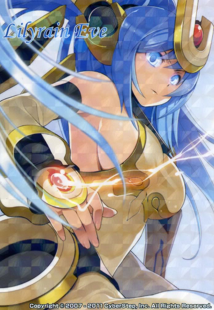 artist_request, blue_eyes, blue_hair, breasts, cosmic_break, glowing, glowing_eyes, lily_rain_eve, official_art, sideboob