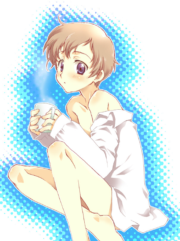 1boy, :<, blush, brown_hair, code_geass, cup, mug, naked_shirt, nerune, rolo_lamperouge, short_hair, solo, violet_eyes