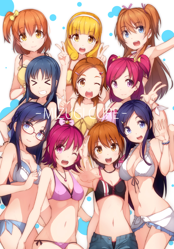 >_<, 6+girls, ;d, aida_mana, bikini, black_hair, blonde_hair, blue_eyes