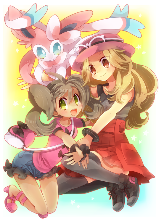 2girls, alternate_costume, bag, black_legwear, blonde_hair, blue_eyes, blush, brown_hair
