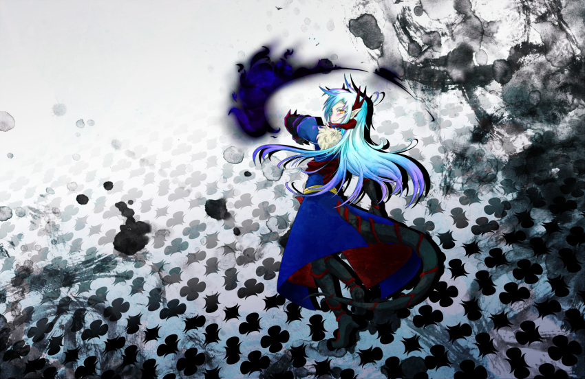 1girl, aqua_hair, blush, boots, bracer, dragon_tail, dress, gradient_hair