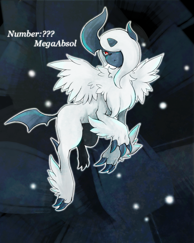absol, feathers, hair_over_one_eye, horns, mega_pokemon, no_humans, pokemon, pokemon_(creature), pokemon_(game), pokemon_xy, red_eyes, solo, tail, takikomi_gohan