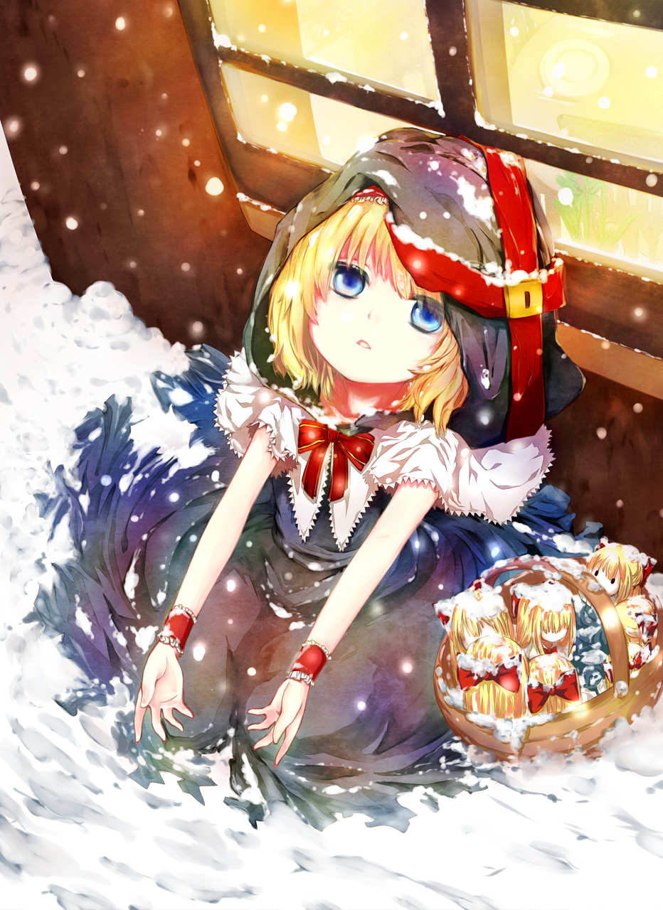 1girl, alice_margatroid, basket, blonde_hair, blue_eyes, bow, capelet, doll