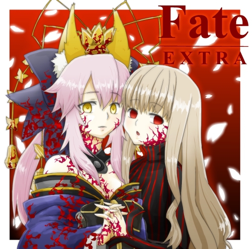animal_ears, bow, breasts, caster_(fate/extra), corruption, dark_persona, detached_sleeves, fate/extra, fate_(series), fox_ears, fox_tail, hair_bow, hair_ribbon, kishinami_hakuno_(female), kmiru_(yuka), pink_hair, red_eyes, ribbon, tail, twintails, white_hair, yellow_eyes