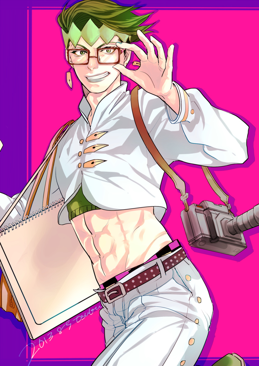 1boy, bespectacled, camera, glasses, green_eyes, green_hair, headband, highres