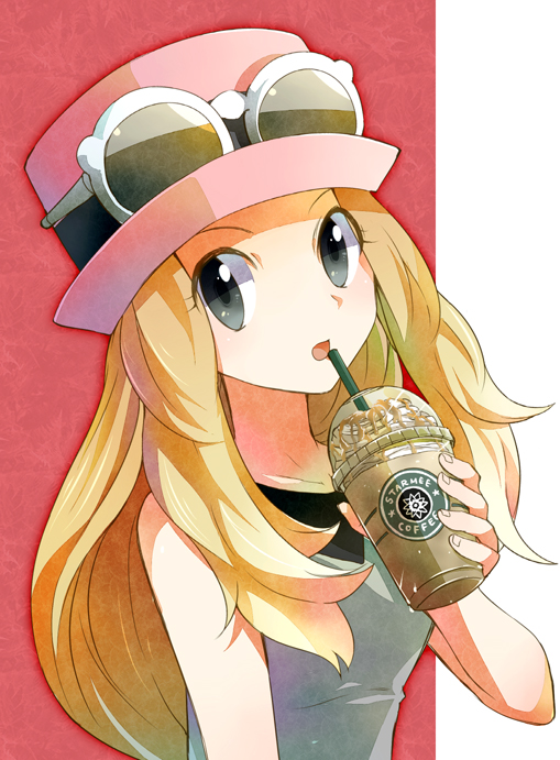 bare_shoulders, black_eyes, blonde_hair, hat, parody, pokemon, pokemon_(game), pokemon_xy