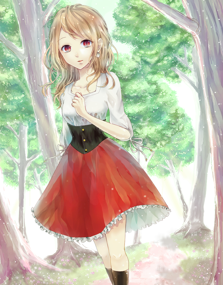 1girl, blonde_hair, dress, earrings, jewelry, long_hair, original, red_eyes