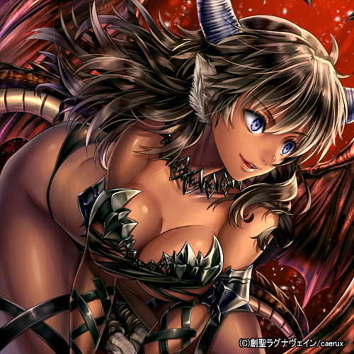1girl, bat_wings, black_hair, blue_eyes, breasts, dark_skin, ells, horn