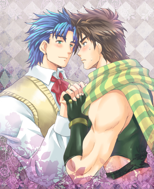 2boys, blue_eyes, blue_hair, brown_hair, fingerless_gloves, gloves, grandfather_and_grandson, interlocked_fingers