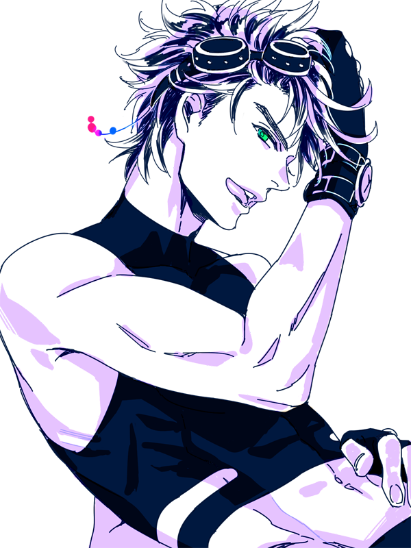 1boy, a_s_h_e_s, fingerless_gloves, gloves, jojo_no_kimyou_na_bouken, joseph_joestar_(young), midriff, purple_hair