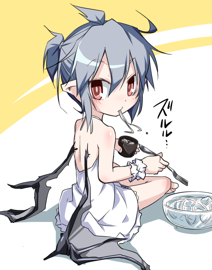 1girl, back, bare_shoulders, bat_wings, bowl, dress, eating, fork, lavender_hair, looking_back, noya_makoto, red_eyes, remilia_scarlet, short_hair, short_twintails, solo, soumen, touhou, twintails, wings