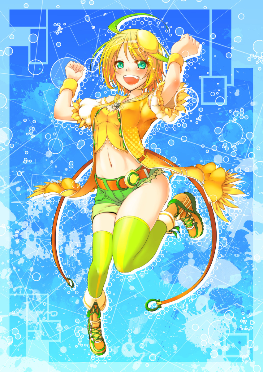 1girl, belt, blonde_hair, blue_background, c.c._lemon, c.c._lemon_(character), cutoffs, green_eyes