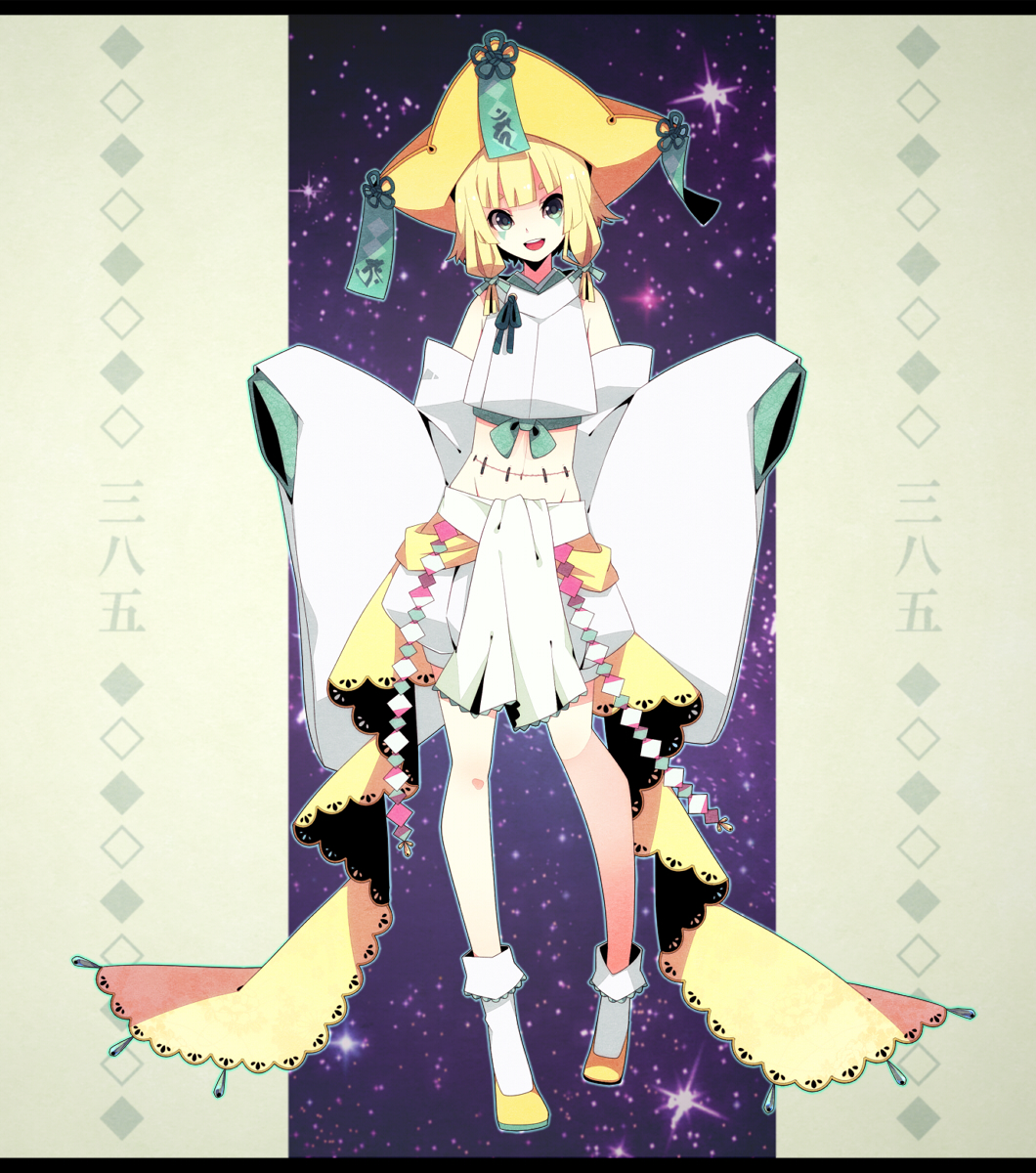 1girl, bare_shoulders, blonde_hair, green_eyes, hair_ribbon, hat, highres, jirachi, merlusa, personification, pokemon, ribbon, sky, star_(sky), starry_sky, stitched, tanabata, tanzaku, wide_sleeves