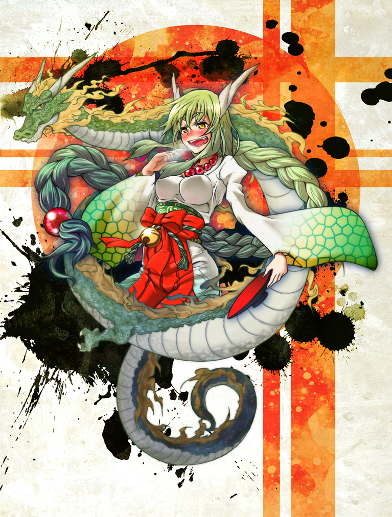 1girl, 2012, bell, blush, dragon, dragon_girl, dragon_horns, green_hair