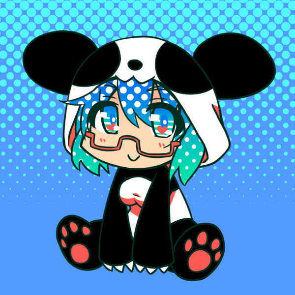 1girl, animal_costume, chibi, glasses, heart, heart-shaped_pupils, higurashi_aki, panda_costume