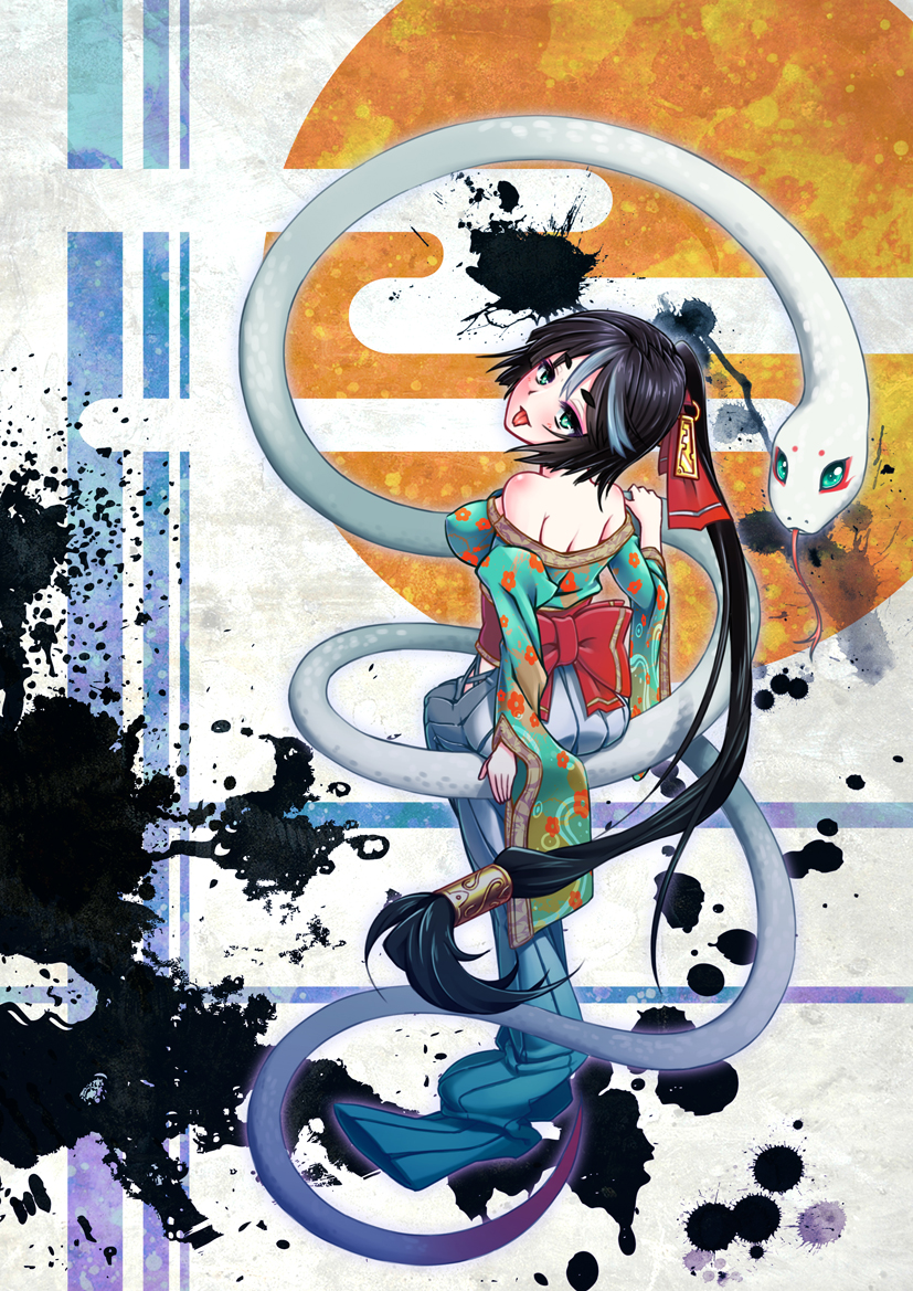 1girl, 2013, :p, aqua_eyes, black_hair, higurashi_aki, lamia, long_hair