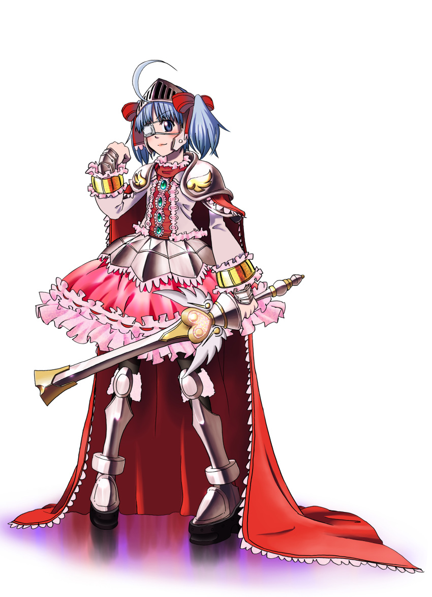 1girl, ahoge, armor, armored_dress, blue_hair, blush, bow, cape