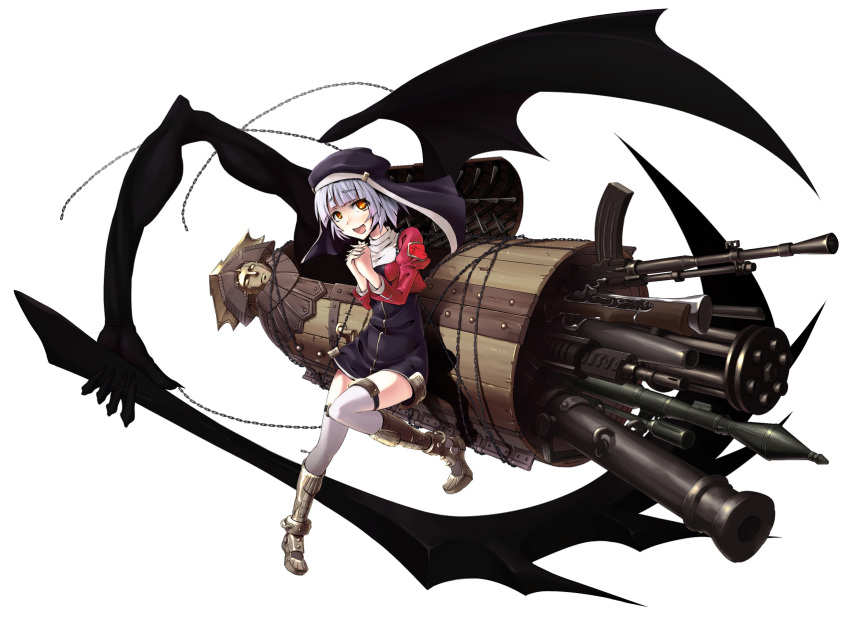 1girl, blue_hair, boots, chain, dress, gun, habit, hands_clasped