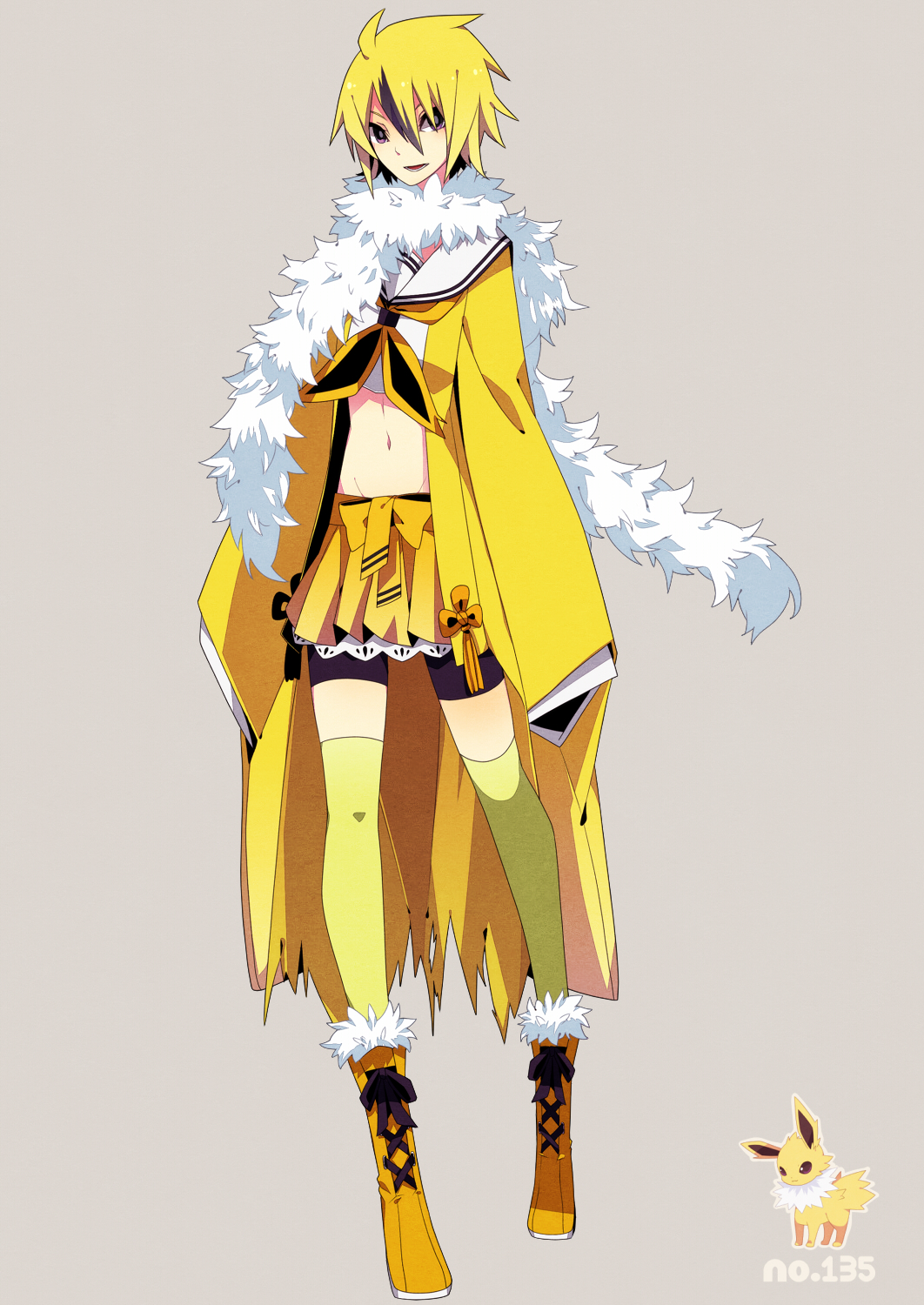 1girl, bike_shorts, black_hair, blonde_hair, bow, feather_boa, highres, jolteon