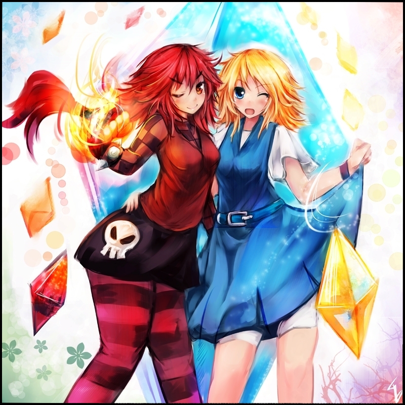 2girls, ;), ;d, belt, blonde_hair, blue_eyes, border, bracelet