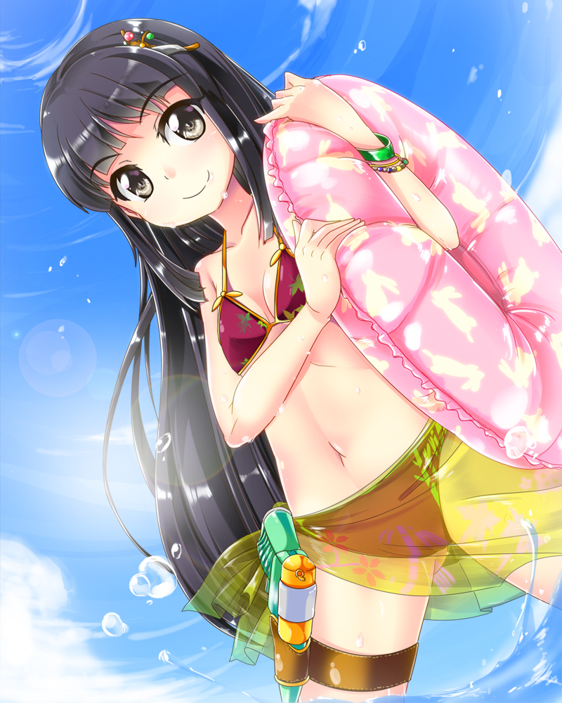 1girl, alternate_costume, bikini, black_eyes, black_hair, blush, bracelet, hair_ornament