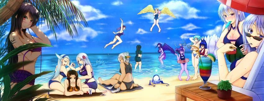 ahri, anivia, ashe_(league_of_legends), ball, beach, beachball, bikini, blonde_hair