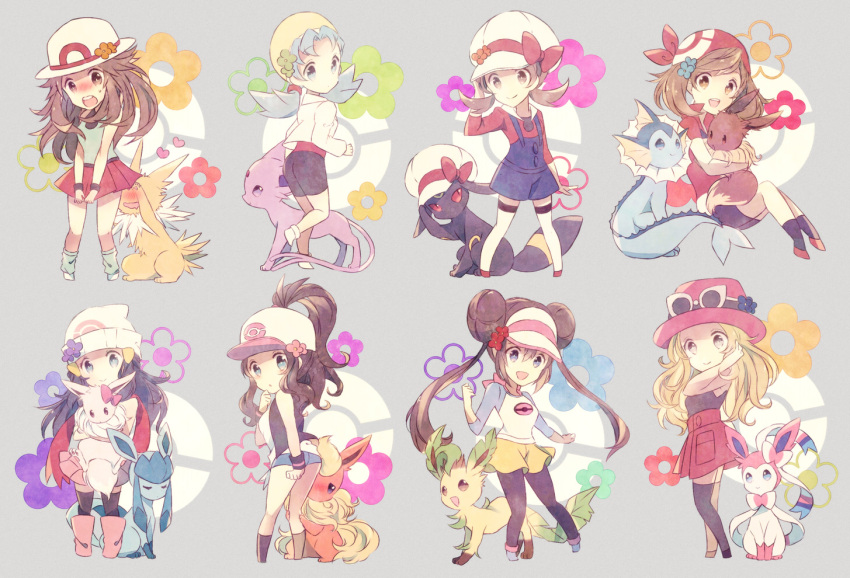 6+girls, bandana, baseball_cap, beanie, bike_shorts, black_hair, black_legwear, blonde_hair, blue_(pokemon), blue_eyes, blue_hair, blush, brown_hair, crystal_(pokemon), denim, denim_shorts, double_bun, eevee, espeon, flareon, flower, glaceon, gloves, haruka_(pokemon), hat, hat_ribbon, heart, hikari_(pokemon), jolteon, kabocha_torute, kotone_(pokemon), leafeon, long_hair, mei_(pokemon), multiple_girls, open_mouth, pantyhose, pokeball_symbol, pokemon, pokemon_(creature), pokemon_(game), ponytail, ribbon, scarf, serena_(pokemon), shorts, skirt, skirt_lift, smile, sylveon, thigh-highs, touko_(pokemon), twintails, umbreon, vaporeon, vest, visor_cap