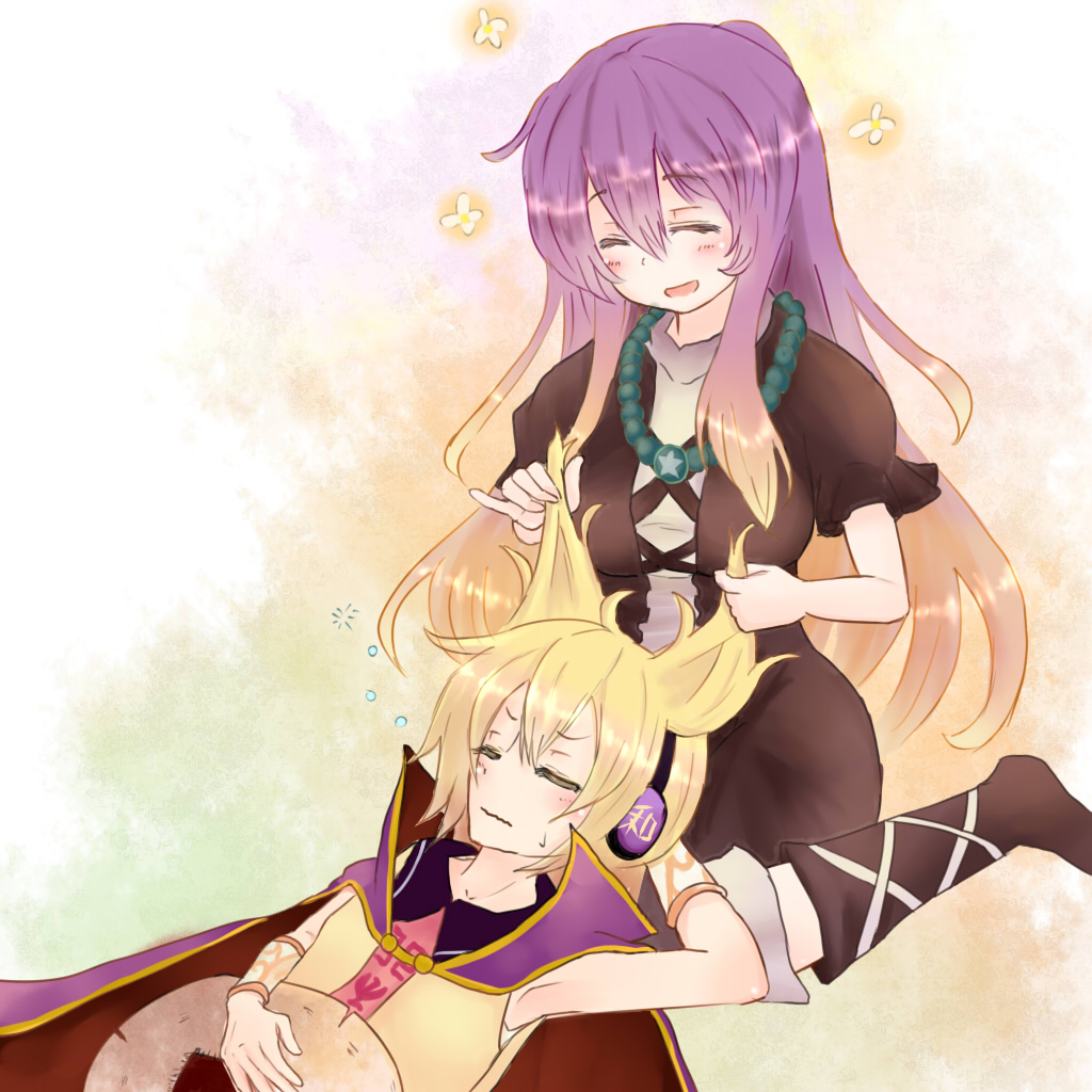 2girls, blonde_hair, brown_hair, cape, closed_eyes, dress, earmuffs, gradient_hair, hat, hijiri_byakuren, long_hair, multicolored_hair, multiple_girls, open_mouth, purple_hair, short_hair, sleeping, sleeveless, touhou, toyosatomimi_no_miko, tsuurubokkusu